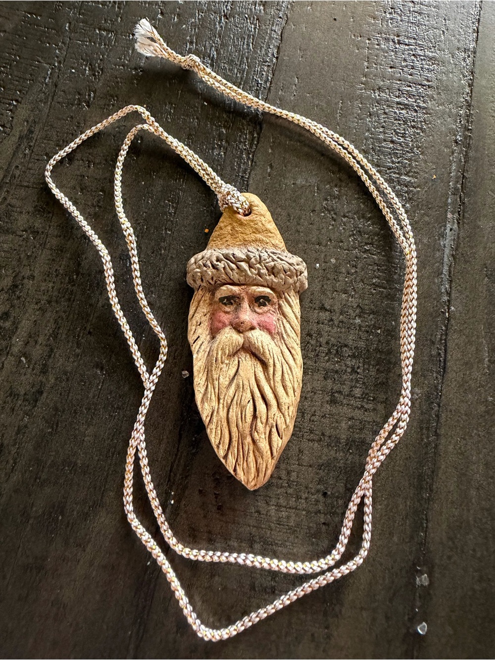 Handcrafted Beige & Brown Chalk Santa Face Pendant Necklace